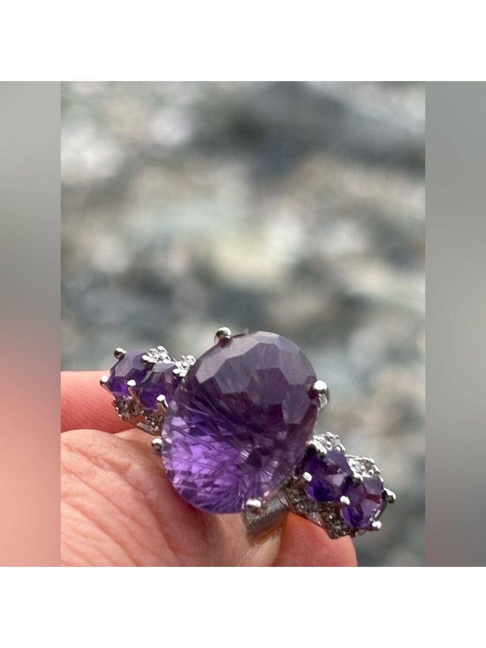 925 Sterling Silver Honeycomb Cut African Amethyst Ring White Zircon Size 10